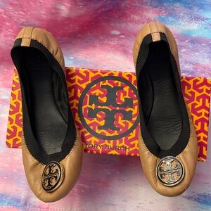 Tory Burch Tan and Black Flats with Logo